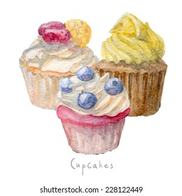 Watercolor hand drawn set of cupcakes. vector Eps10