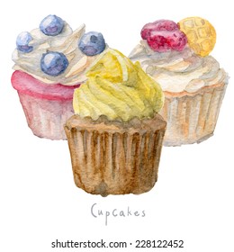 Watercolor hand drawn set of cupcakes. vector Eps10