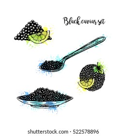 Watercolor Hand drawn set of plate with black caviar. Retro sketches isolated. Vintage collection. Doodle line graphic design. Black and white drawing black caviar and spoon. Vector illustration.