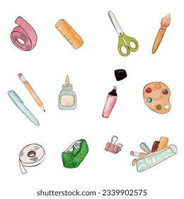 watercolor hand drawn set of school items