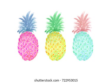 Watercolor hand drawn set of three pineapples, painted fruit plant in green, mint and pink colors isolated on white background