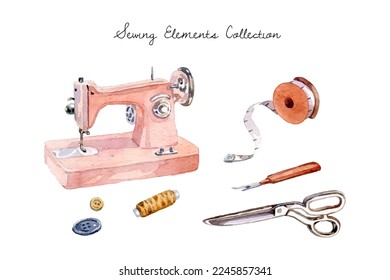 Watercolor hand drawn sewing elements collection