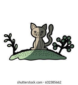 watercolor hand drawn silhouette of cat in hill with plants with half shadow vector illustration