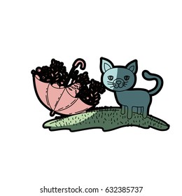 watercolor hand drawn silhouette of cat in hill and umbrella with plants and half shadow vector illustration