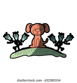 watercolor hand drawn silhouette of dog sitting in hill with plants and half shadow vector illustration