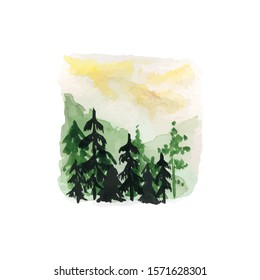 Watercolor Hand Drawn Silhouette Illustration of Fir Tree Panorama and Hazy Mountains. The Foggy in Morning Appear Among of Valley for Design