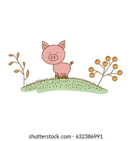 watercolor hand drawn silhouette of pig in hill with plants vector illustration