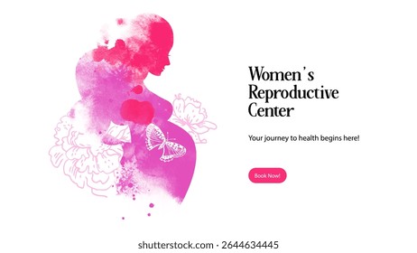 Aquarela mão desenhada silhueta de mulher grávida com flores de esboço. Cartaz de design de centro reprodutivo. Dia das Mães Felizes. Ilustração vetorial