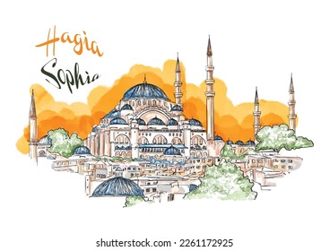 Watercolor hand drawn sketch of Aya Sofya, Hagia Sophia Mosque, Istanbul, Turkey. A famous sightseeing of Turkey.