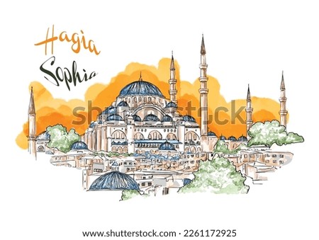 Watercolor hand drawn sketch of Aya Sofya, Hagia Sophia Mosque, Istanbul, Turkey. A famous sightseeing of Turkey.