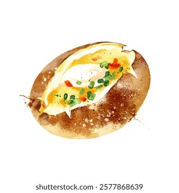 Watercolor hand drawn sketch backed potato. Isolated vector illustration. Menu restaurant design