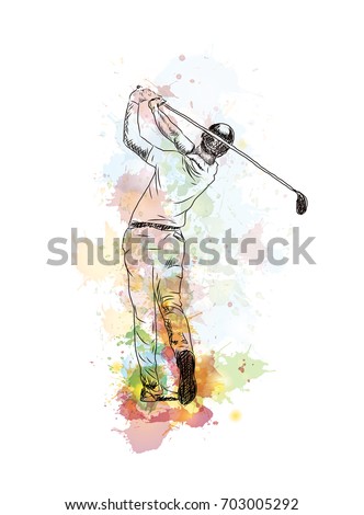 Watercolor hand drawn sketch of Golf player playing golf in vector illustration.