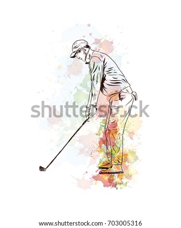 Watercolor hand drawn sketch of Golf player playing golf in vector illustration.