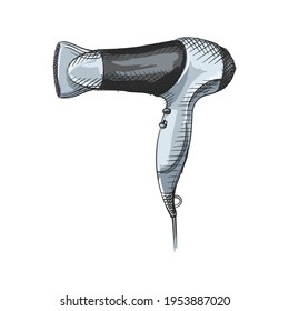 Watercolor Hand drawn sketch of hair dryer on a white background. Barber Shop Sketch. Hair stylie, barber accessories