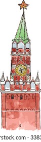 Watercolor hand drawn Sketch illustration architecture landmark Russia Moscow Red Square Spasskaya Tower vector