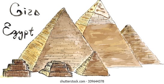 Watercolor hand drawn Sketch illustration architecture landmark of Pyramids of Giza, Egypt lettering vector