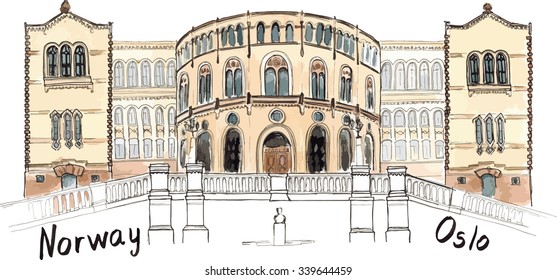 Watercolor hand drawn Sketch illustration architecture landmark of Norway Oslo Stortinget lettering vector