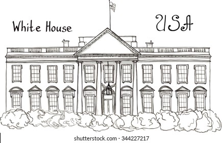 Watercolor hand drawn sketch illustration architecture landmark of White House, USA, Washington with lettering vector