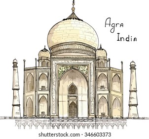 Watercolor Hand drawn sketch illustration architecture landmark of Agra, India Taj Mahal with lettering vector