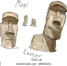 Watercolor Hand drawn sketch illustration architecture landmark of Moai, Easter Island heads with lettering vector