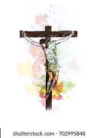 Watercolor hand drawn sketch of Jesus on the cross in vector illustration.