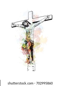 Watercolor hand drawn sketch of Jesus on the cross in vector illustration.