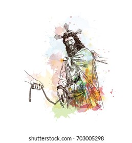 Watercolor hand drawn sketch of Jesus in vector illustration.