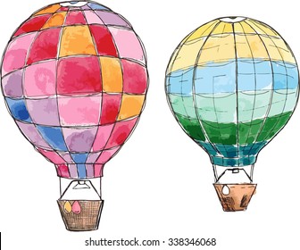 Watercolor hand drawn sketch set of two air balloons vector