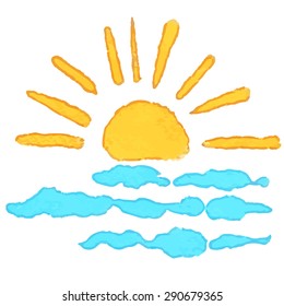 Watercolor hand drawn sketch sun, clouds closeup isolated on white background, art logo design