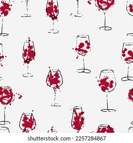 Watercolor hand drawn sketch of wine glasses seamless background. Grunge brush wine glass pattern on white. For bar or restaurant menu, wine tasting invitation or party. Red paint splash. Vector.