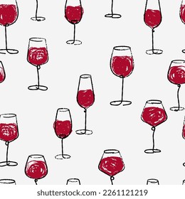 Watercolor hand drawn sketch of wine glasses seamless background. Grunge brush wine glass pattern on white. For bar or restaurant menu, wine tasting invitation or party. Red paint splash. Vector.