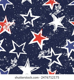 Watercolor hand drawn stars seamless pattern. USA flag colors background. Vector illustration with grunge removable texture. Fashion textile print, trendy fabric, wrapping paper design