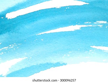 Watercolor hand drawn strokes blue paper grain texture. Wet brush painted torn background. Artistic water abstract illustration. Design element for card, banner, decoration, template, cover, scrapbook