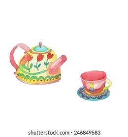 Watercolor hand drawn stylized yellow dotted pot, saucer and mug decoration. Vector aqua color dishes isolated patterns set.
