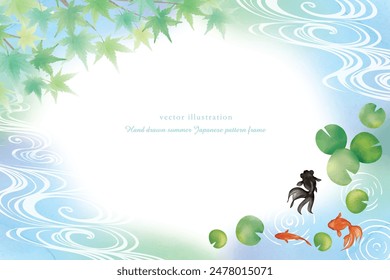 Watercolor hand drawn summer autumn leaves and goldfish summer greetings Japanese style background