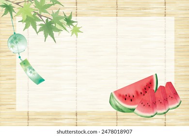 Watercolor hand drawn summer background with watermelon and wind chimes