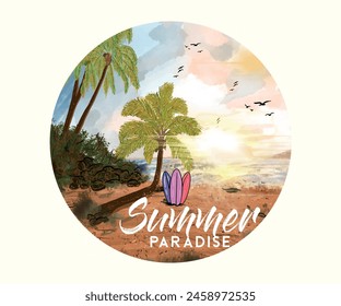 Watercolor Hand drawn Summer beach Wave , palm tree surfboard, sun, sky, and handwritten font Mixed together a summer beach print design, surfing the sunset time, sunshine vector.