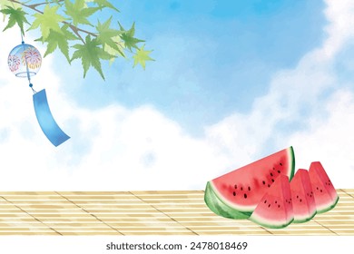 Watercolor hand drawn summer blue sky, watermelon and wind chimes