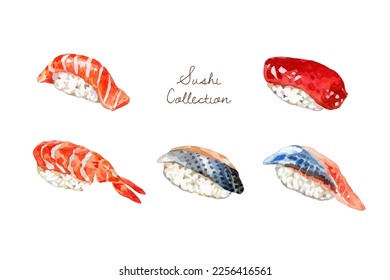 Watercolor hand drawn sushi collection