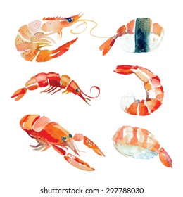 Watercolor hand drawn sushi, seafood, lobster in vector