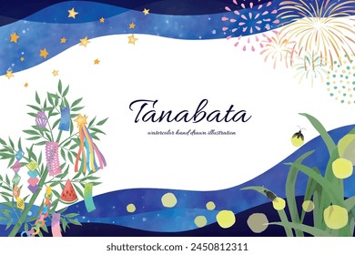 Watercolor hand drawn tanabata and fireflies frame background