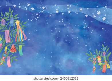 Watercolor hand drawn tanabata and fireflies frame background