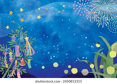 Aquarell handgezeichnete Tanabata und Glühwürmchen Rahmen Hintergrund