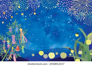 Watercolor hand drawn tanabata and fireflies frame background