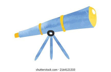 Watercolor Hand Drawn Telescope Isolated On White Background. Science Equipment Telescope Watercolor Kid Drawing. Blue Telescope Clipart