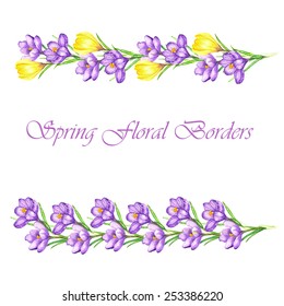 Watercolor hand drawn tender seamless borders with spring colorful crocus flowers isolated and vetorized 