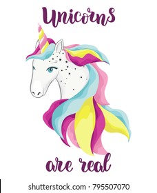 Watercolor hand drawn unicorn. Cute cartoon character illustration.  Lettering quote text.