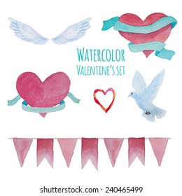 Watercolor hand drawn Valentine's day set. Isolated romantic objects: hearts with ribbons, wings, dove and pink party garland