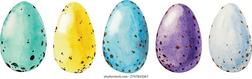Watercolor hand drawn vector illustration. Easter eggs in a line, row of pastel painted decorated or ornate eggs. Concept of Easter Egg Hunt Game, poster, card, flyer, banner. Happy Easter greeting.