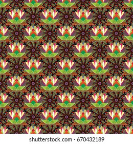 Watercolor, hand drawn. Vector illustration. Seamless background pattern. Wild flowers with leaves on colorful background.